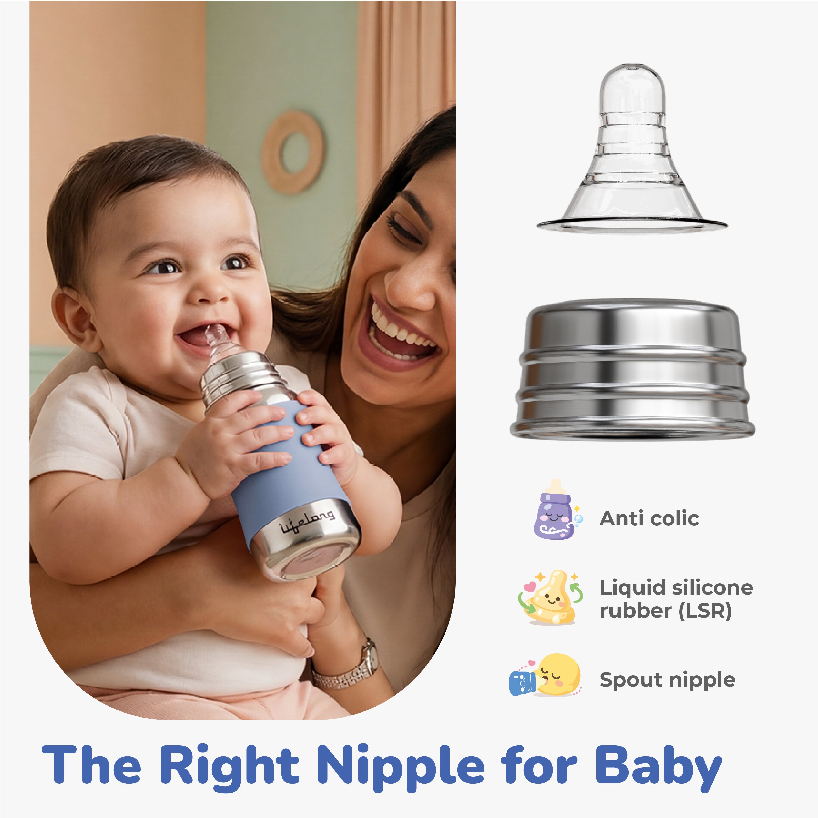 Lifelong Stainless Steel Anti-Colic Feeding Bottle 250ML – BPA Free, Leakproof (Blue)
