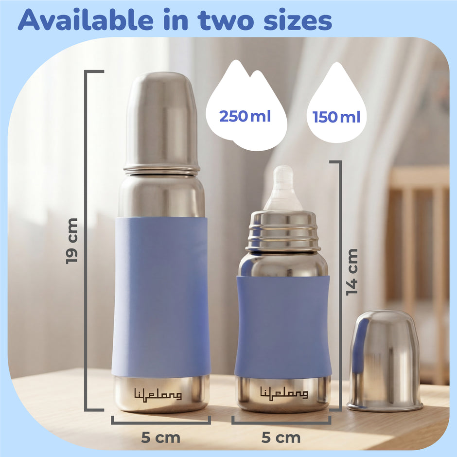 Lifelong Stainless Steel Anti-Colic Feeding Bottle 250ML – BPA Free, Leakproof (Blue)