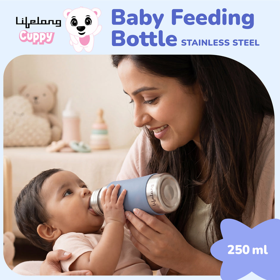 Lifelong Stainless Steel Anti-Colic Feeding Bottle 250ML – BPA Free, Leakproof (Blue)