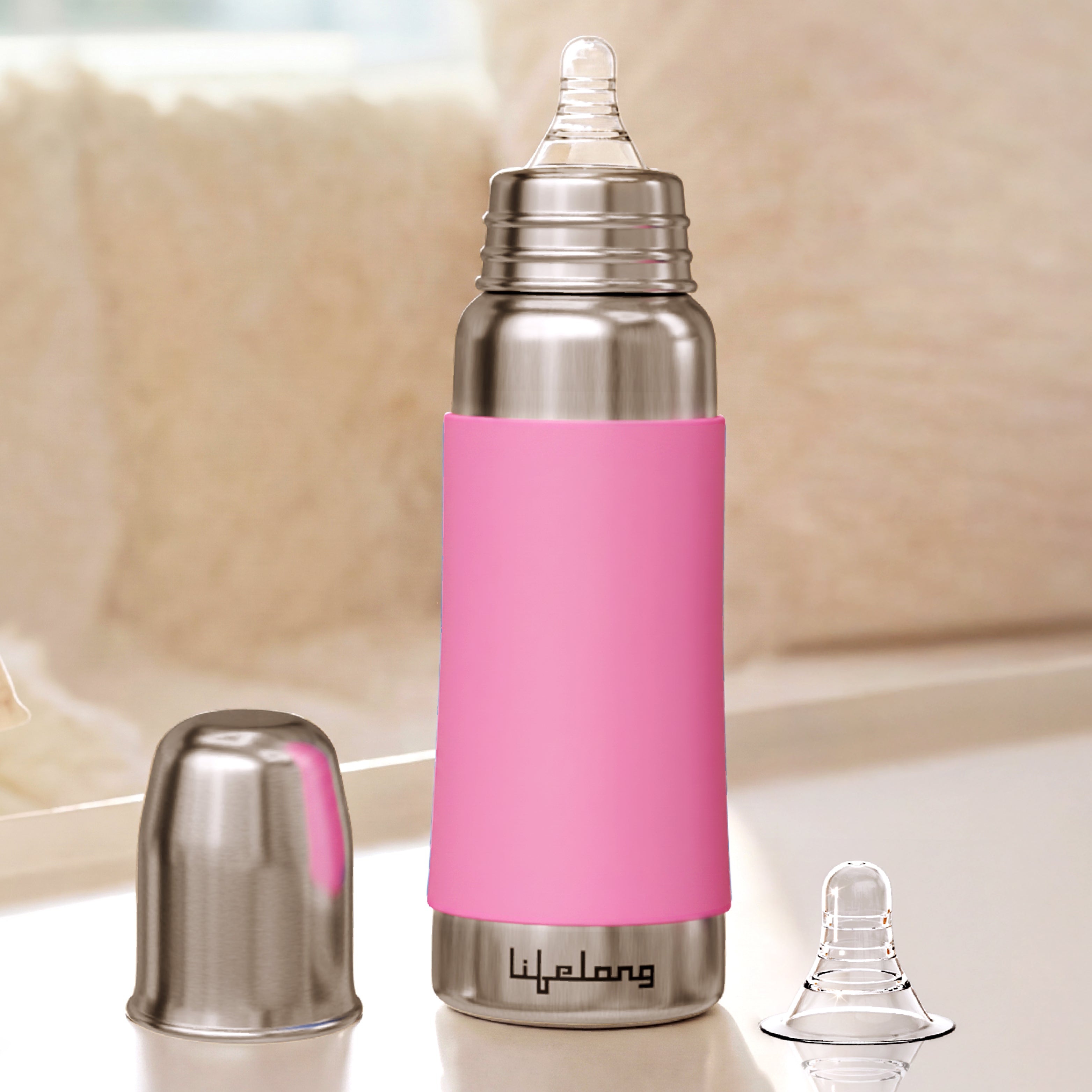 Lifelong SS304 Stainless Steel Baby Feeding Bottle 250ML with Silicone Sleeve – Anti-Colic, BPA Free, Leakproof Milk & Water Bottle for Newborns (Pink)