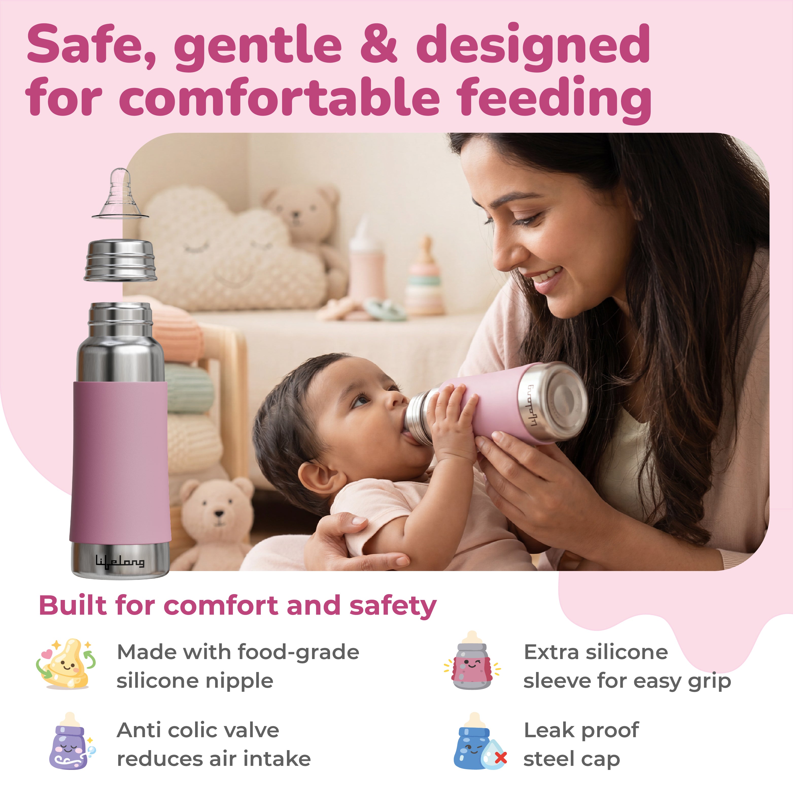 Lifelong SS304 Stainless Steel Baby Feeding Bottle 250ML with Silicone Sleeve – Anti-Colic, BPA Free, Leakproof Milk & Water Bottle for Newborns (Pink)