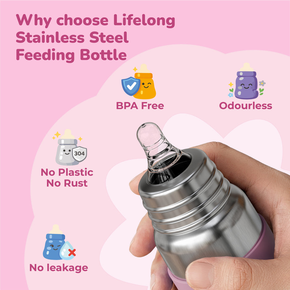 Lifelong SS304 Stainless Steel Baby Feeding Bottle 250ML with Silicone Sleeve – Anti-Colic, BPA Free, Leakproof Milk & Water Bottle for Newborns (Pink)