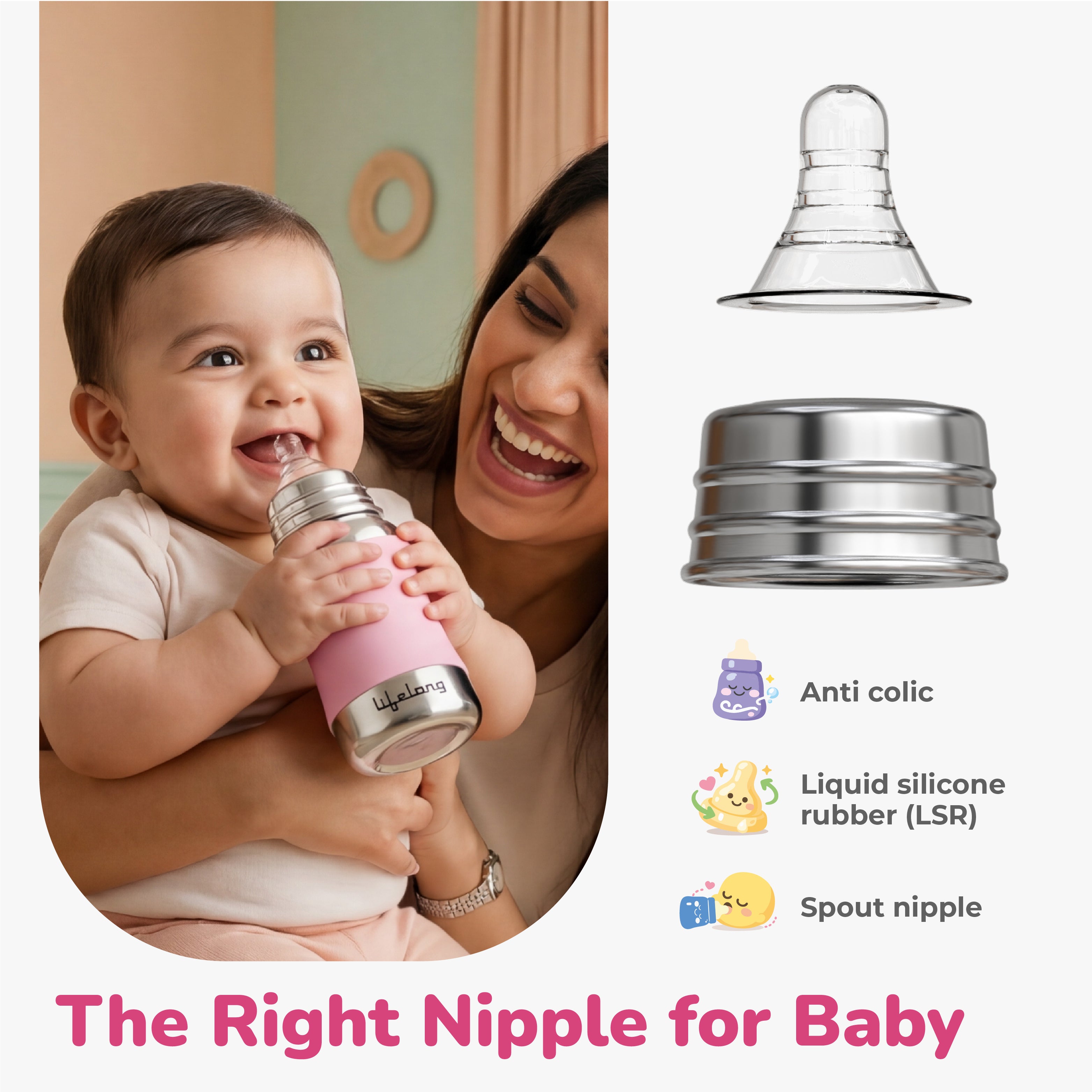 Lifelong Stainless Steel Anti-Colic Feeding Bottle 250ML with Silicone Sleeve, BPA Free Nipple, Leakproof – Pink