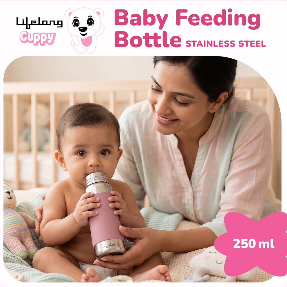 Lifelong SS304 Stainless Steel Baby Feeding Bottle 250ML with Silicone Sleeve – Anti-Colic, BPA Free, Leakproof Milk & Water Bottle for Newborns (Pink)