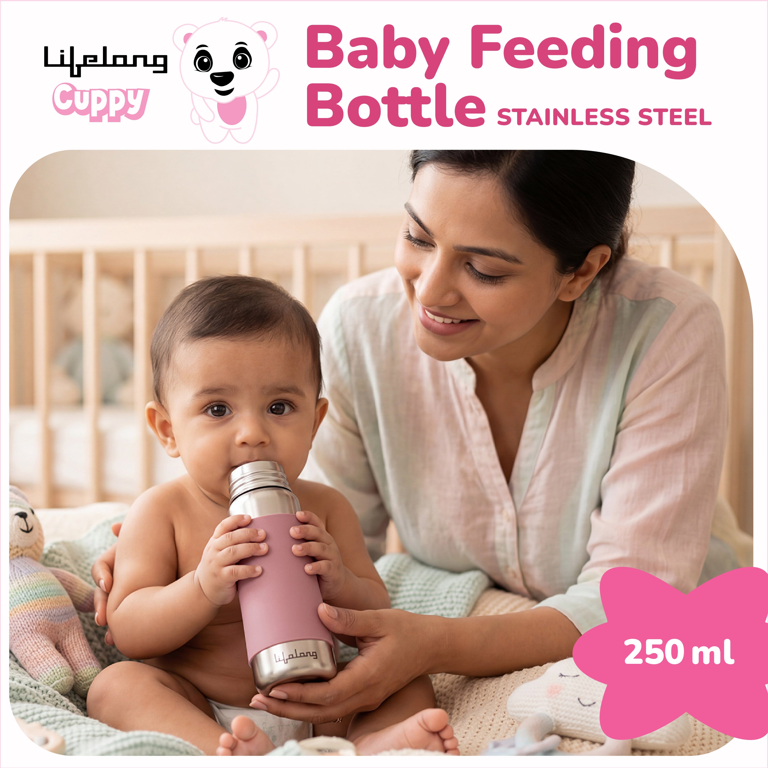 Lifelong Stainless Steel Anti-Colic Feeding Bottle 250ML with Silicone Sleeve, BPA Free Nipple, Leakproof – Pink