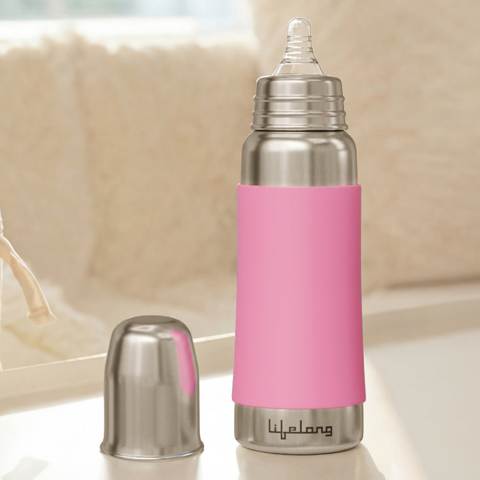 Lifelong SS304 Stainless Steel Baby Feeding Bottle 250ML with Silicone Sleeve – Anti-Colic, BPA Free, Leakproof Milk & Water Bottle for Newborns (Pink)