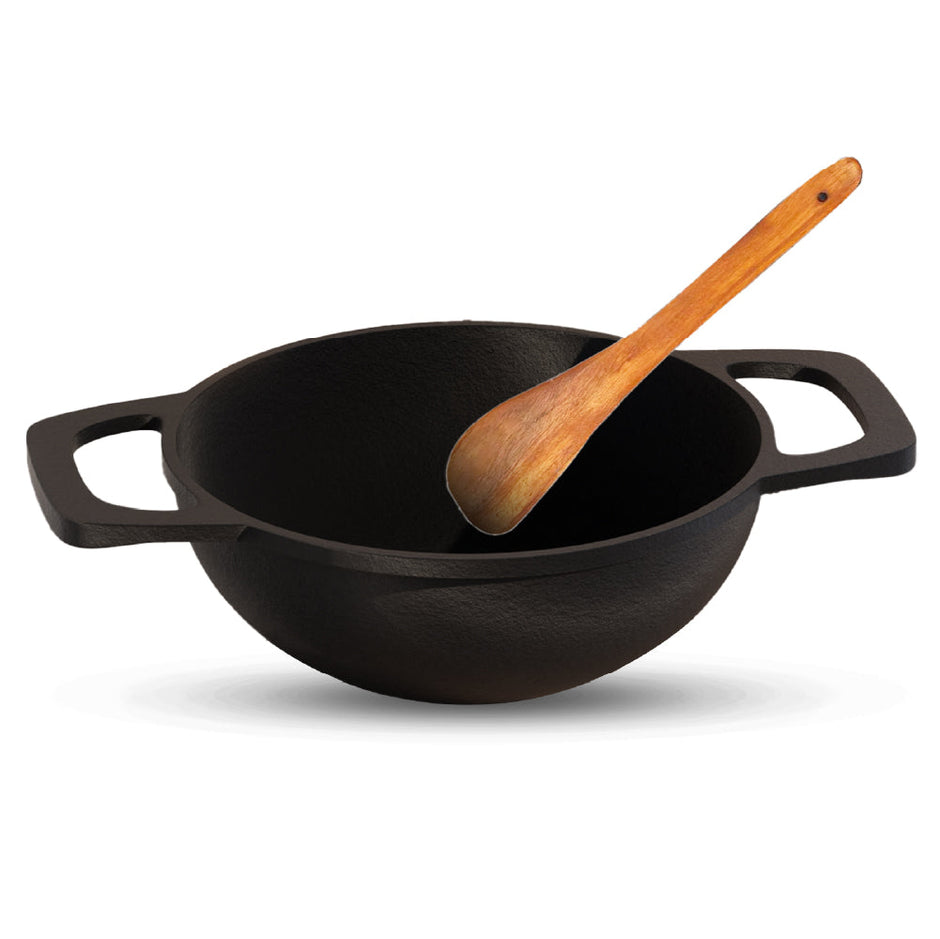 Lifelong Cast Iron Kadai 24cm With Wooden Spatula