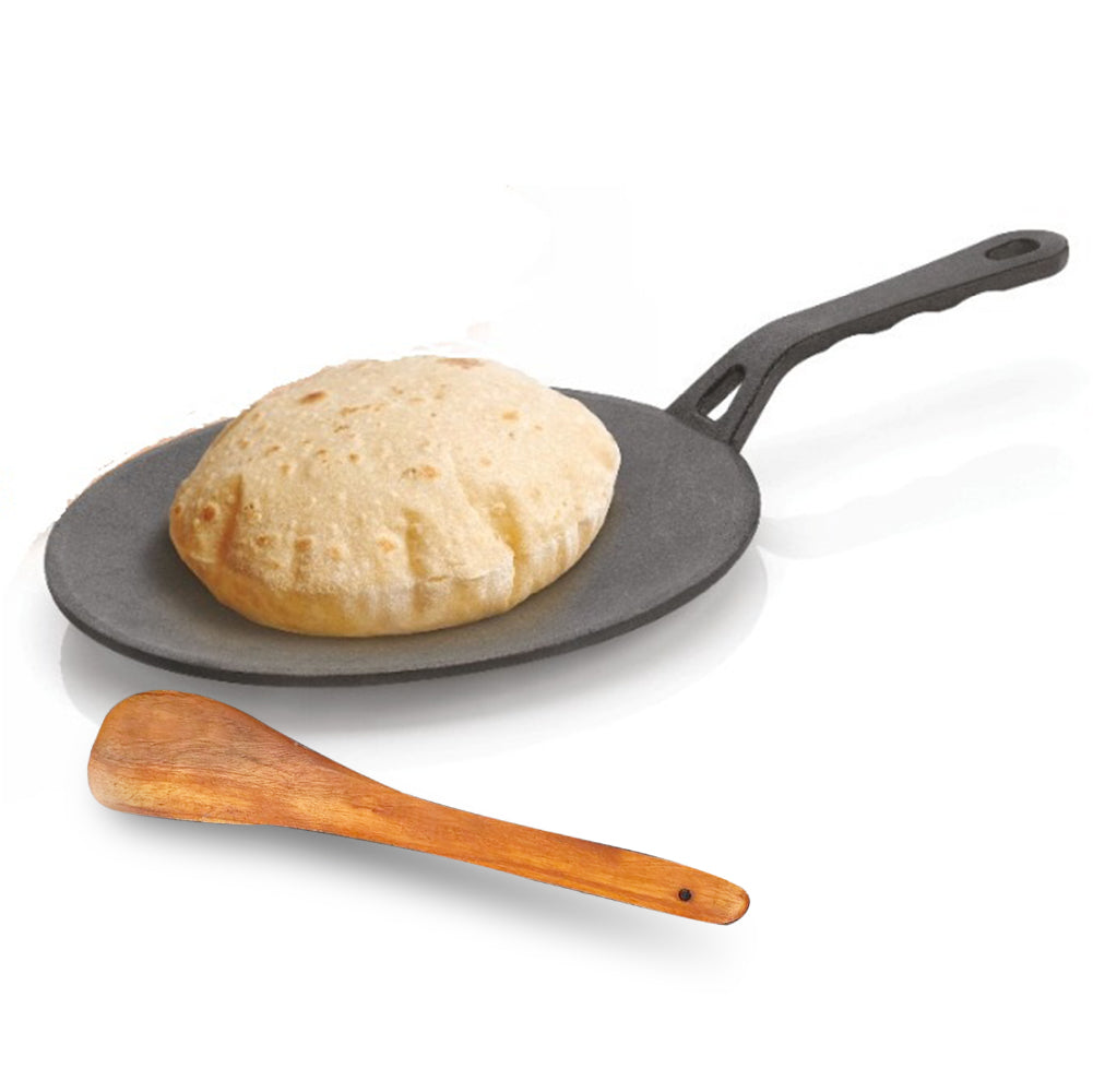255mm Cast Iron Roti Tawa with Wooden Spatula
