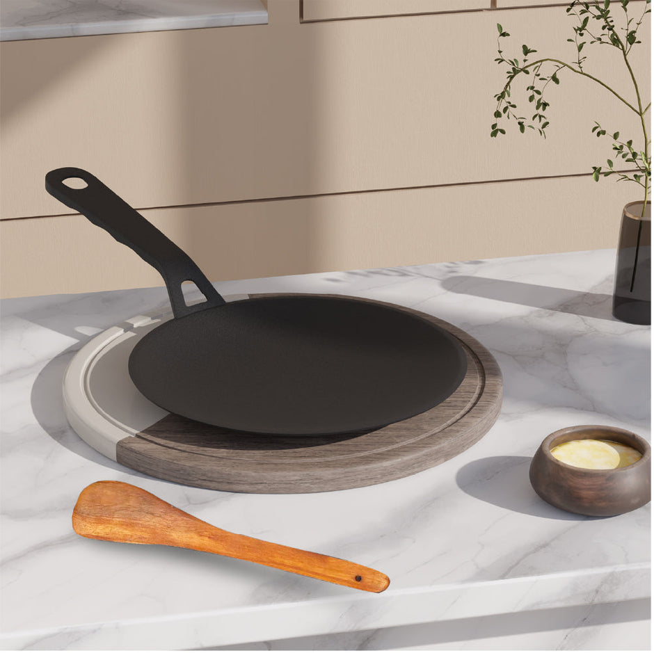 Lifelong Cast Iron Roti Tawa 255mm With Wooden Spatula