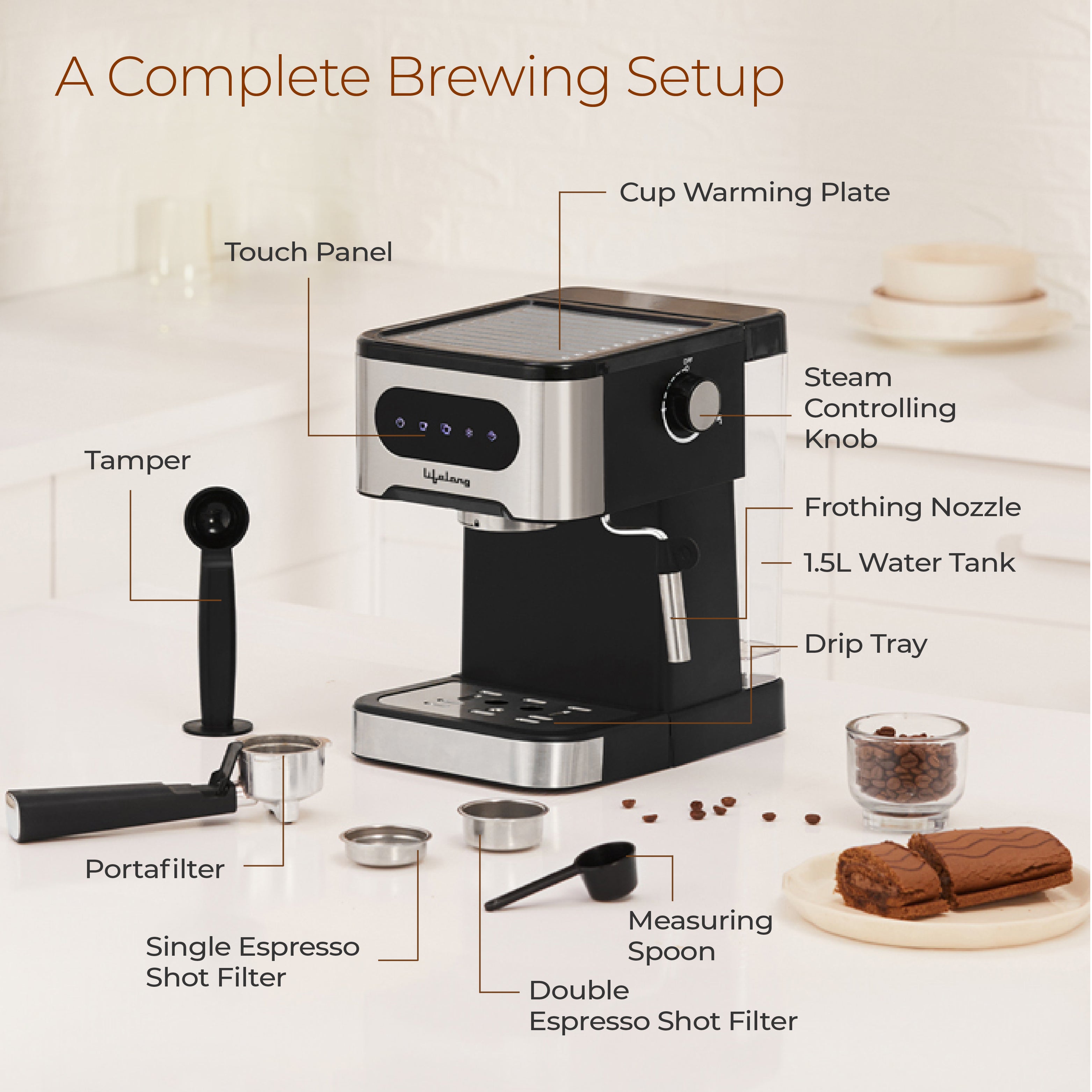 Lifelong 1350 W Digital Espresso Coffee Maker & Cold Brew Coffee Machine