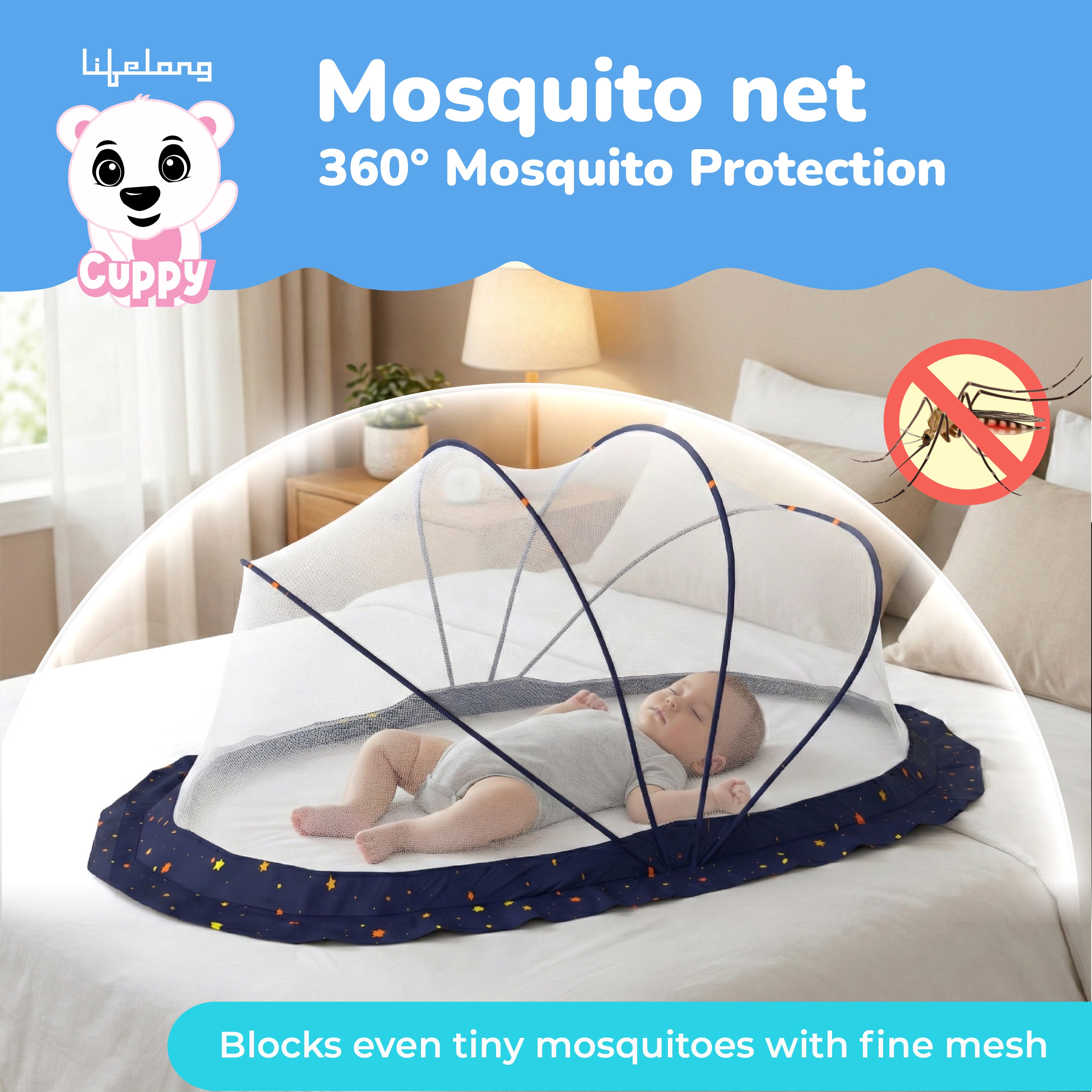 Lifelong Cuppy Foldable Baby Mosquito Net – Bottomless Umbrella Net with Soft Breathable Mesh for Kids 0-2 Years, 90x60x45cm (Blue)