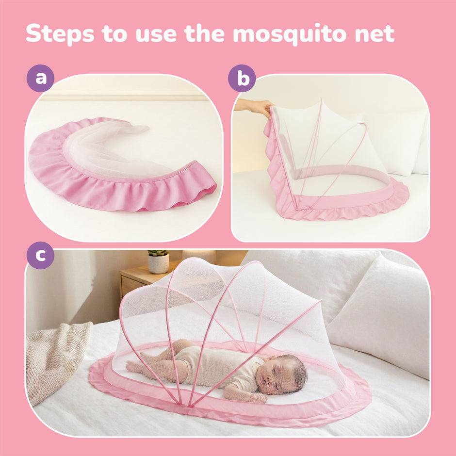 Lifelong Cuppy Foldable Baby Mosquito Net 0-2 Years, Bottomless & Breathable, Portable Umbrella Net – Pink