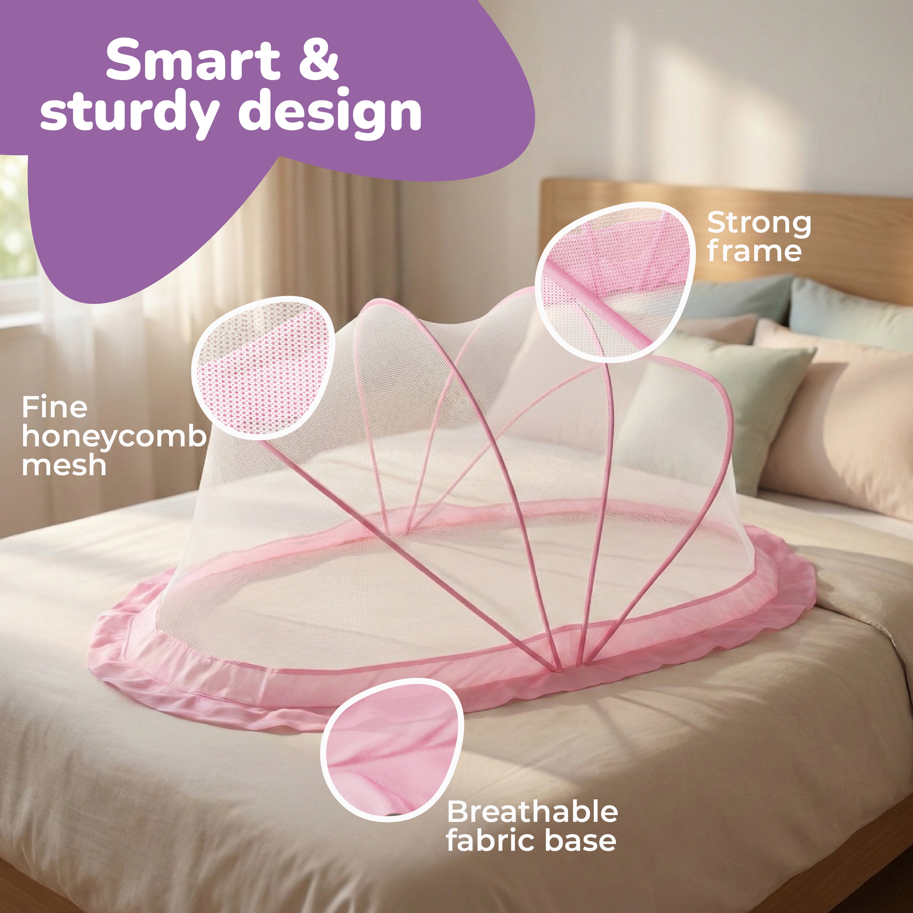 Lifelong Cuppy Foldable Baby Mosquito Net 0-2 Years, Bottomless & Breathable, Portable Umbrella Net – Pink