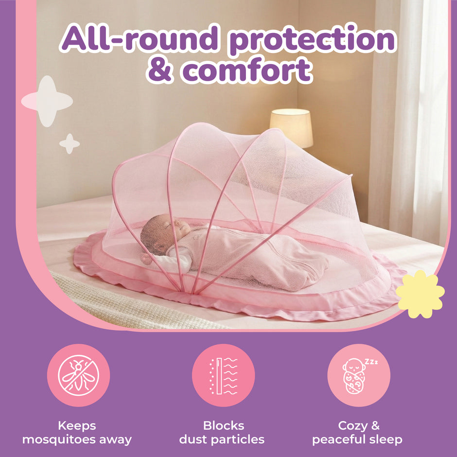 Lifelong Cuppy Foldable Baby Mosquito Net 0-2 Years, Bottomless & Breathable, Portable Umbrella Net – Pink
