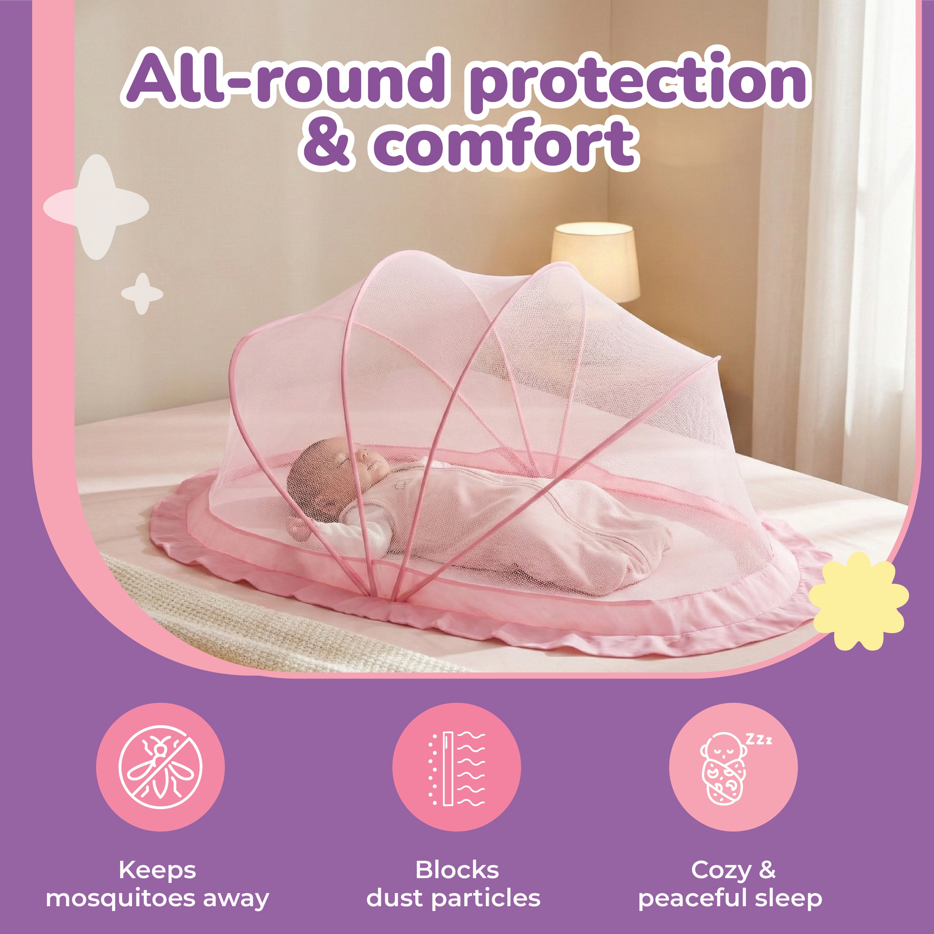 Lifelong Cuppy Foldable Baby Mosquito Net 0-2 Years, Bottomless & Breathable, Portable Umbrella Net – Pink
