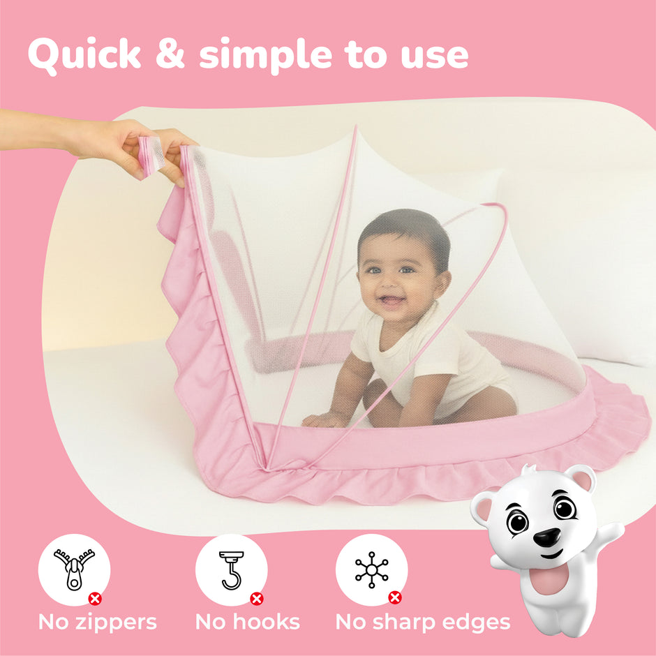 Lifelong Cuppy Foldable Baby Mosquito Net 0-2 Years, Bottomless & Breathable, Portable Umbrella Net – Pink