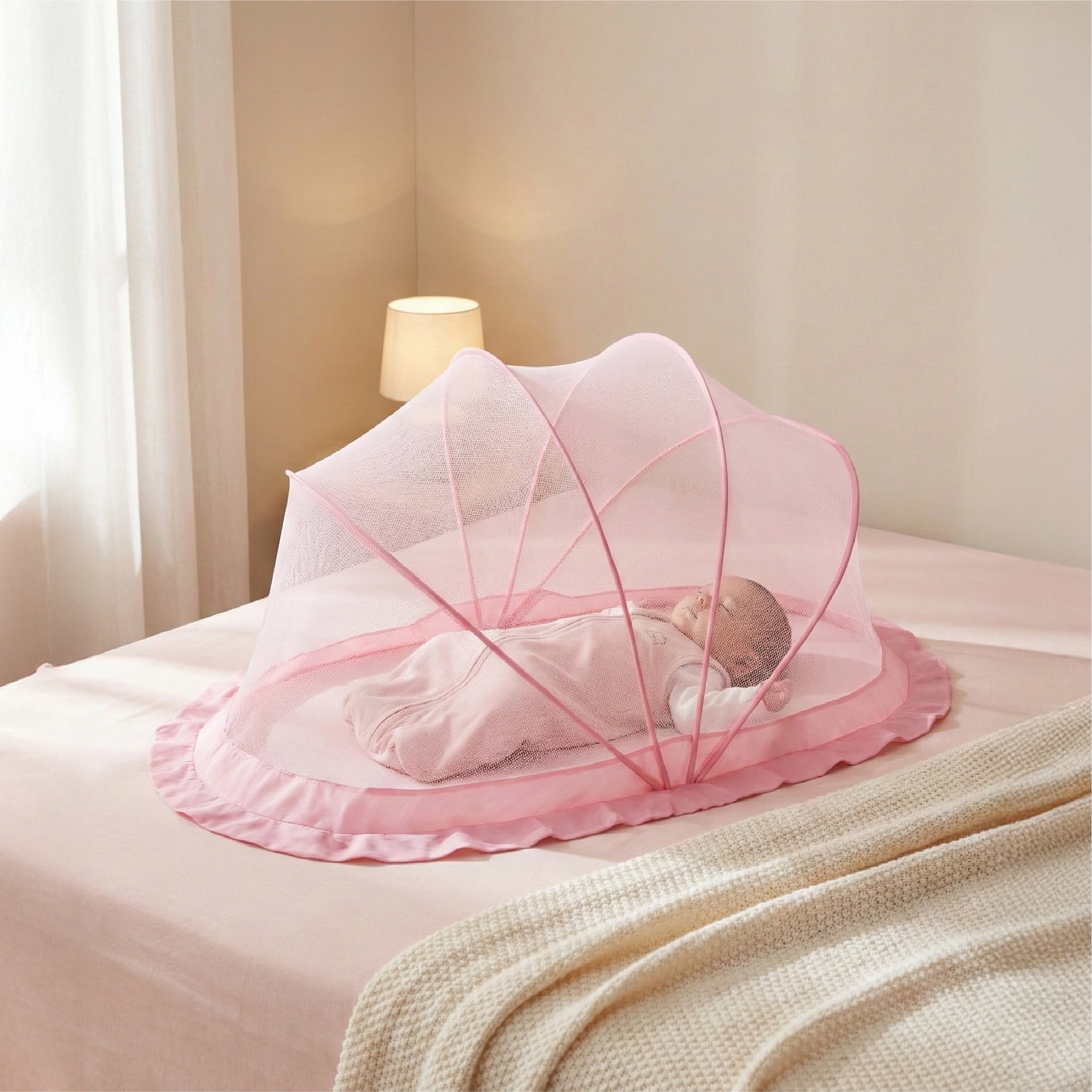 Lifelong Cuppy Foldable Baby Mosquito Net 0-2 Years, Bottomless & Breathable, Portable Umbrella Net – Pink