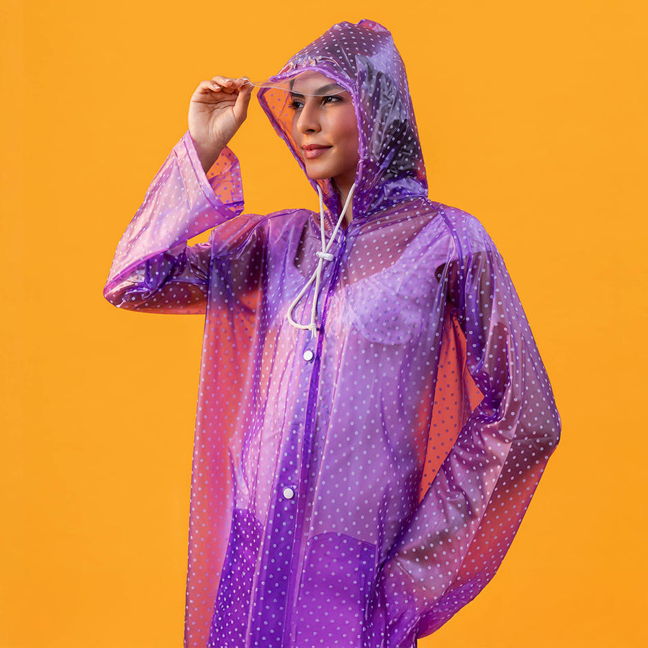 Ladies Polka Dot Designer Raincoat – Waterproof & Lightweight (Purple, M)