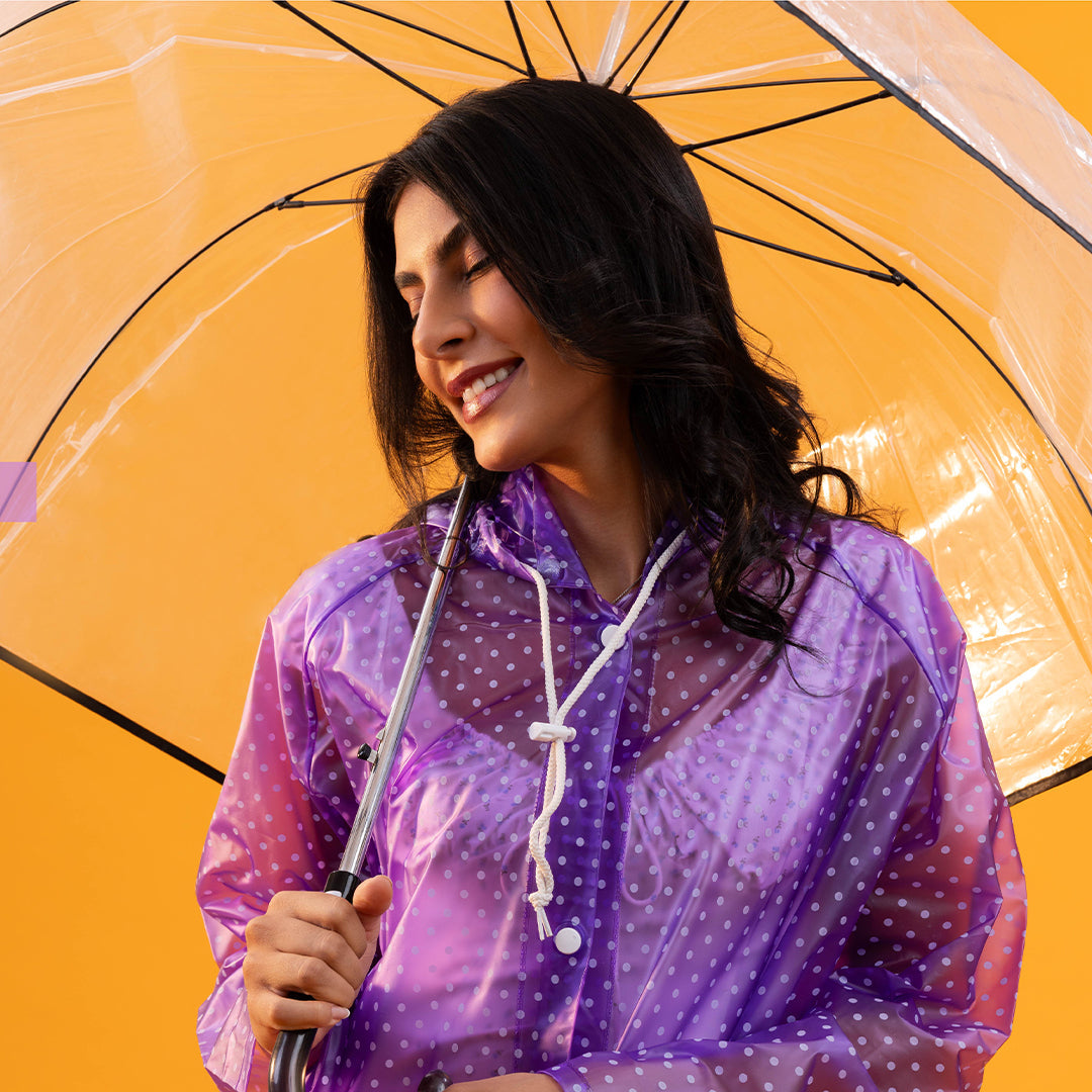 Ladies Polka Dot Designer Raincoat – Waterproof & Lightweight (Purple, M)