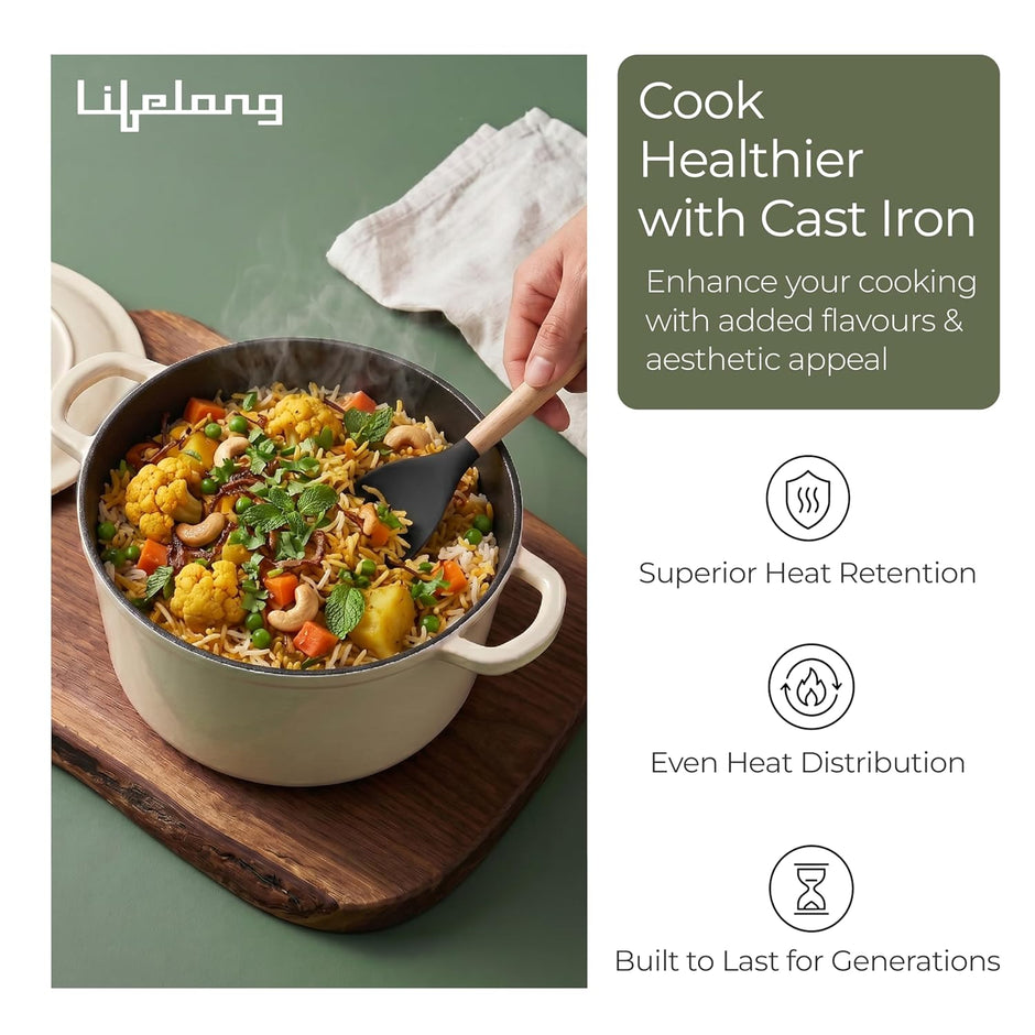 Lifelong Enamel Cast Iron Dutch Oven with Lid (5.6L, 28cm) | Oven, Gas & Induction Compatible | Slow Cooking, Even Heat Distribution, Nontoxic, Durable, Naturally Nonstick, No Stains & Scratch (Ivory)