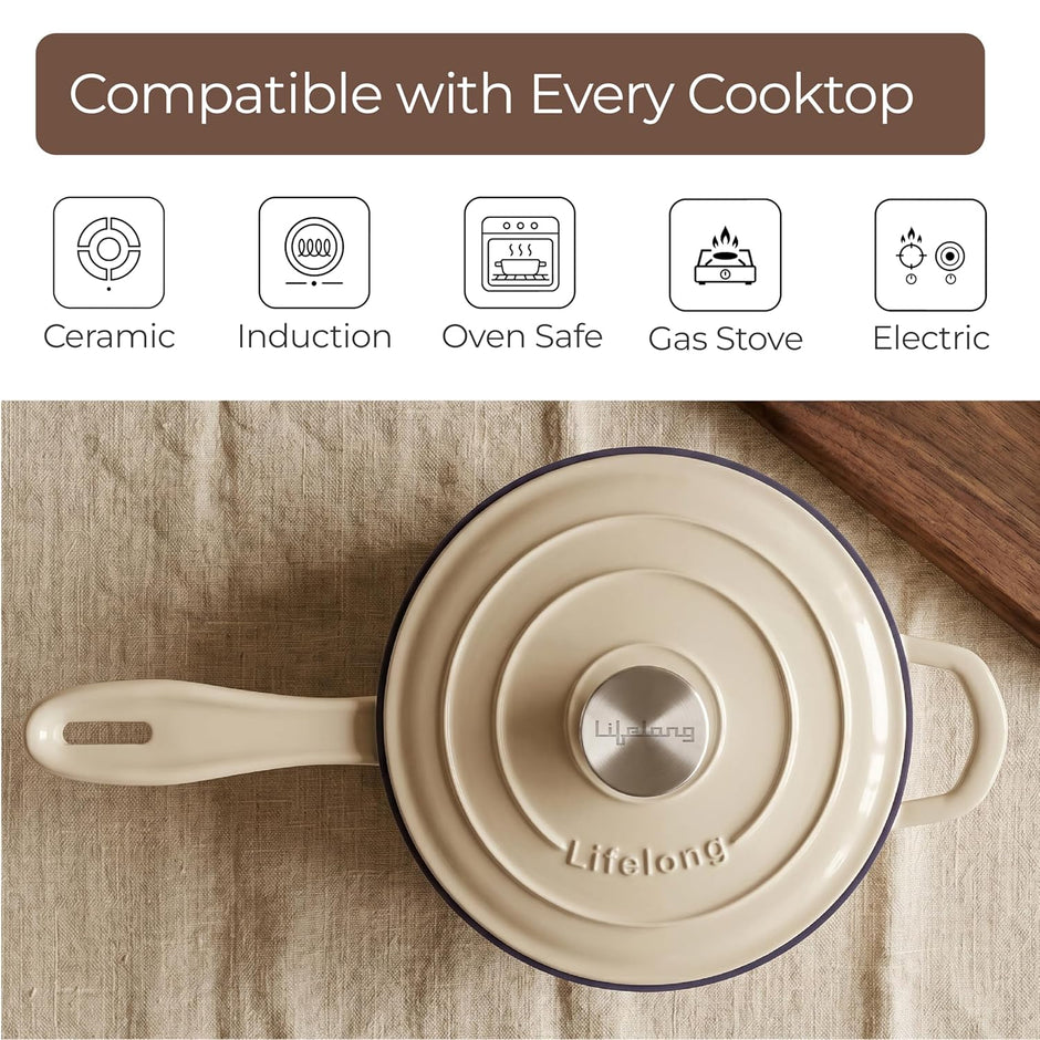 Lifelong Enamel Cast Iron Saucepan with Lid (1.9L, 20cm) | Oven, Gas & InductionŚ Compatible | Slow Cooking, Even Heat Distribution, Non-Toxic, Durable, Naturally Nonstick, No Stains or Scratch(Ivory)