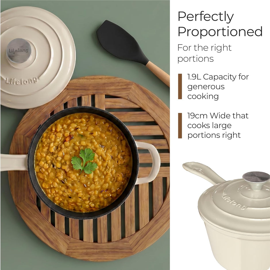 Lifelong Enamel Cast Iron Saucepan with Lid (1.9L, 20cm) | Oven, Gas & InductionŚ Compatible | Slow Cooking, Even Heat Distribution, Non-Toxic, Durable, Naturally Nonstick, No Stains or Scratch(Ivory)