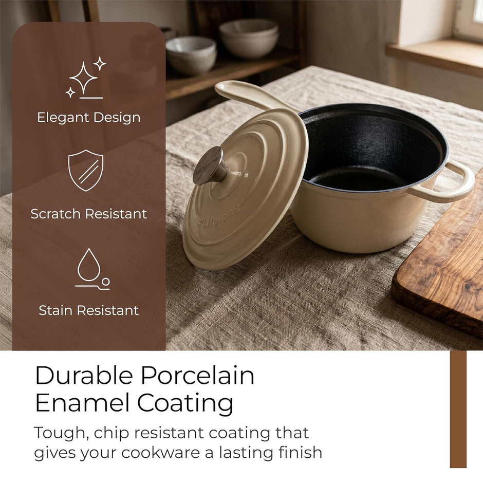 Lifelong Enamel Cast Iron Saucepan with Lid (1.9L, 20cm) | Oven, Gas & InductionŚ Compatible | Slow Cooking, Even Heat Distribution, Non-Toxic, Durable, Naturally Nonstick, No Stains or Scratch(Ivory)