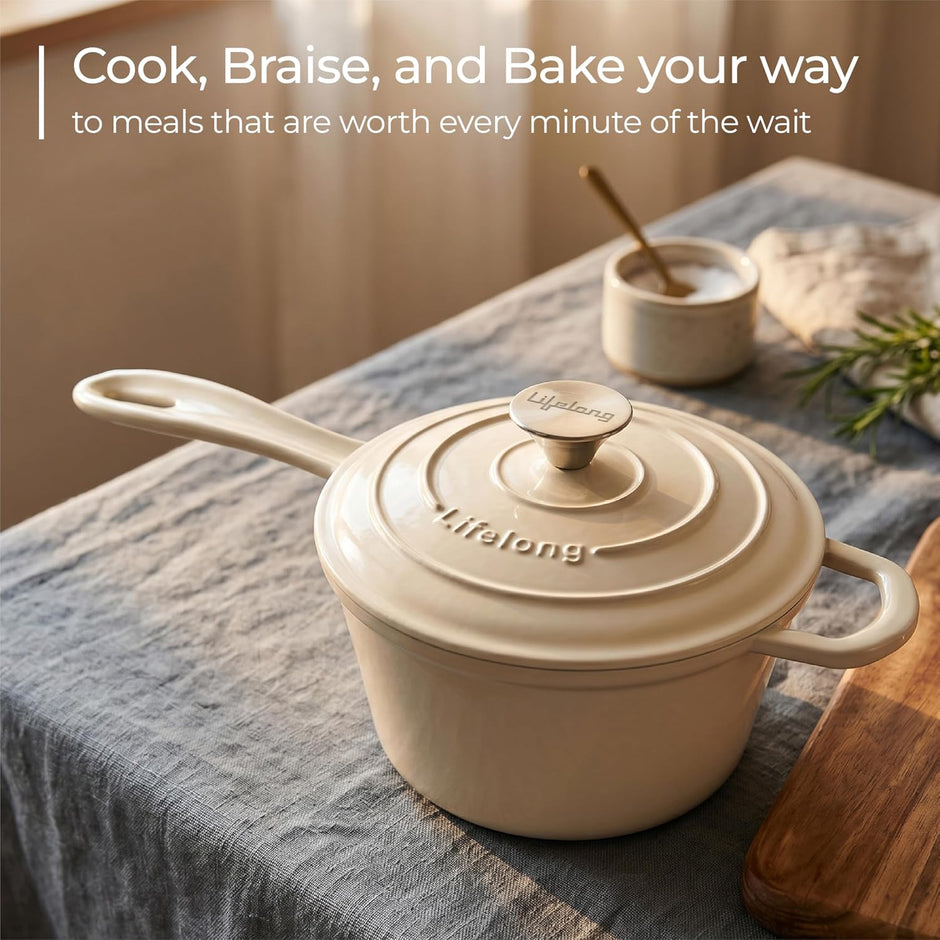 Lifelong Enamel Cast Iron Saucepan with Lid (1.9L, 20cm) | Oven, Gas & InductionŚ Compatible | Slow Cooking, Even Heat Distribution, Non-Toxic, Durable, Naturally Nonstick, No Stains or Scratch(Ivory)