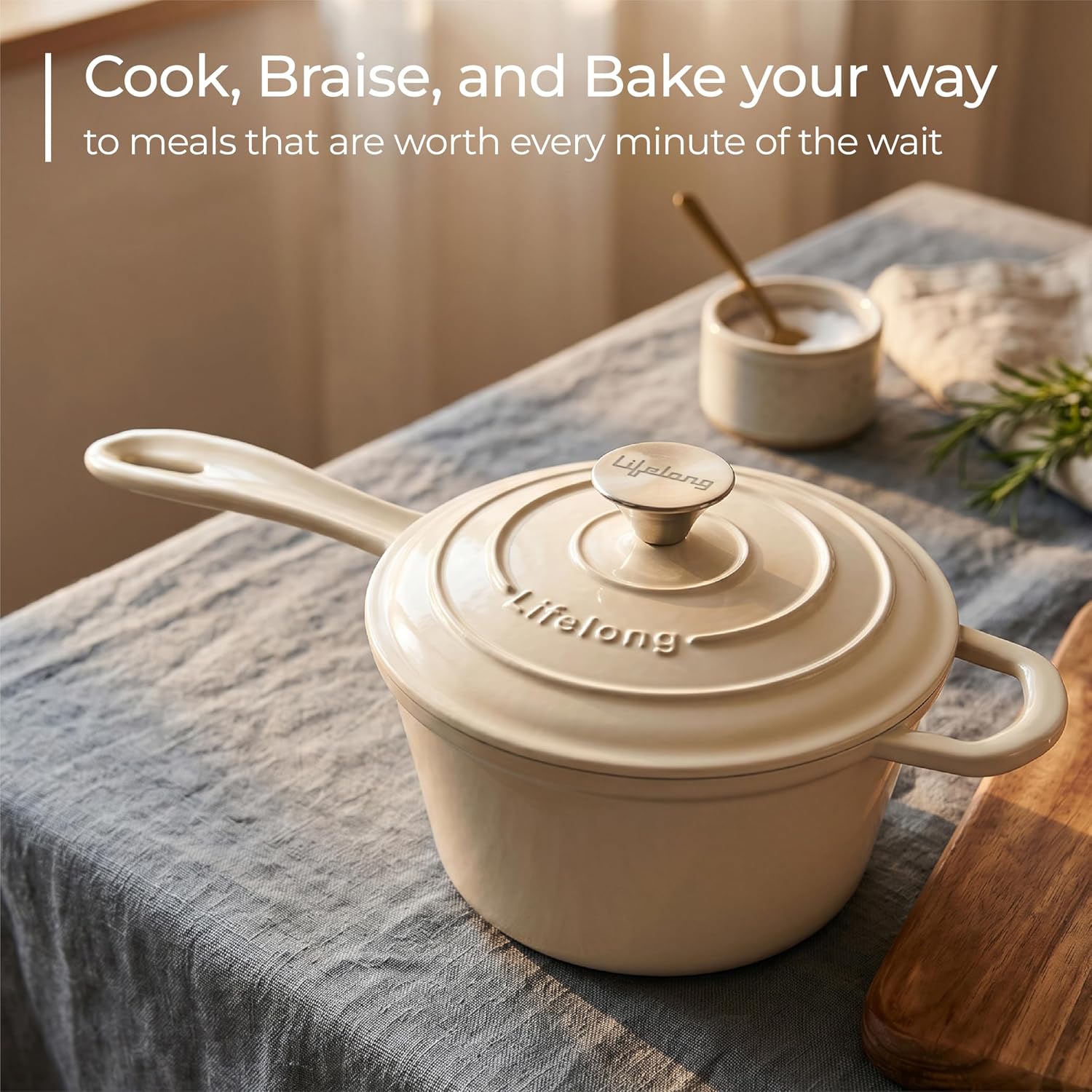 Lifelong Enamel Cast Iron Saucepan with Lid (1.9L, 20cm) | Oven, Gas & InductionŚ Compatible | Slow Cooking, Even Heat Distribution, Non-Toxic, Durable, Naturally Nonstick, No Stains or Scratch(Ivory)