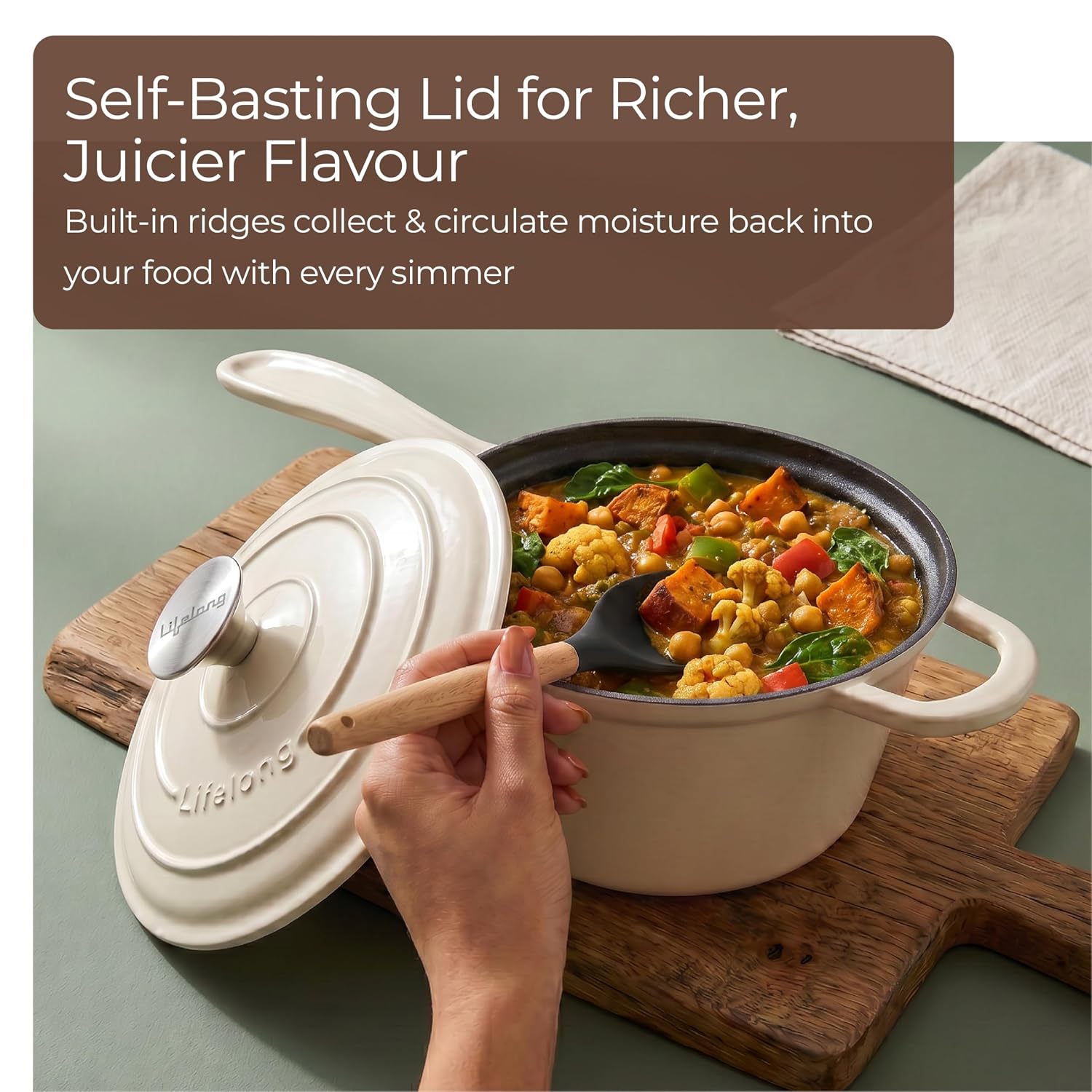 Lifelong Enamel Cast Iron Saucepan with Lid (1.9L, 20cm) | Oven, Gas & InductionŚ Compatible | Slow Cooking, Even Heat Distribution, Non-Toxic, Durable, Naturally Nonstick, No Stains or Scratch(Ivory)