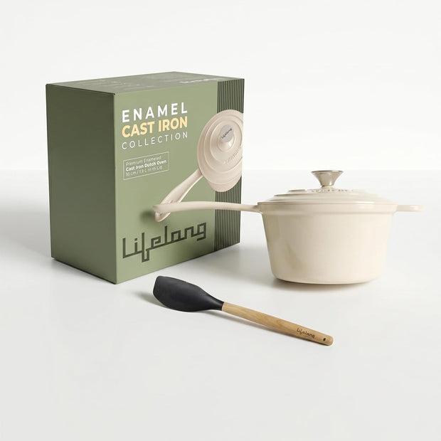 Enamel Cast Iron Saucepan with Lid and Silicone Spatula