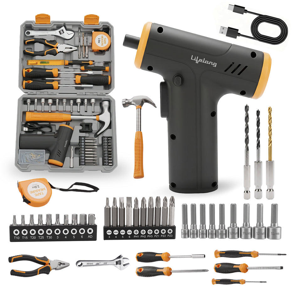 Lifelong Rechargeable Screwdriver Tool Kit Set | Drill Bits for Home Use 87 Pcs | Heavy Duty Cordless Portable Tool Box | Socket, Wrench, Claw Hammer, Plier, Measuring Tape, Magnetizer/Demagnetizer