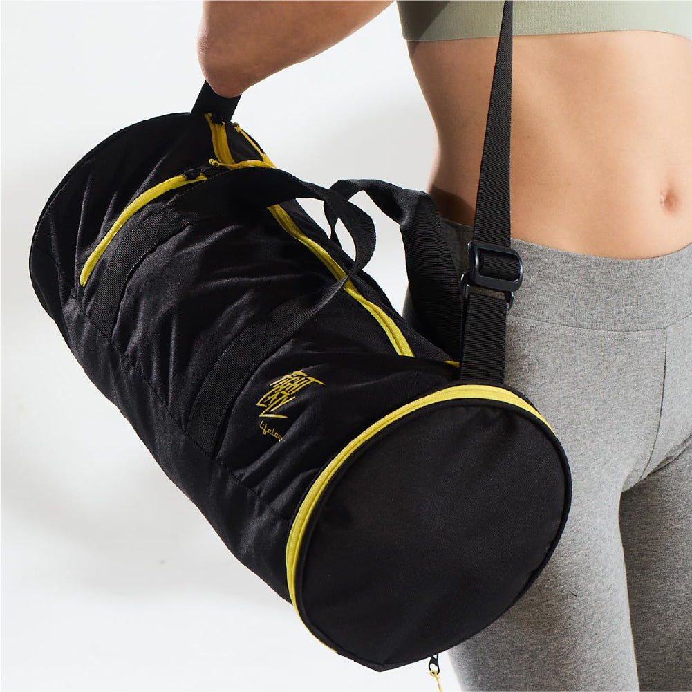 30L Water Resistant Sports Duffel Gym Bag for Men & Women with Shoe Compartment & Side pocket (Black & Yellow)