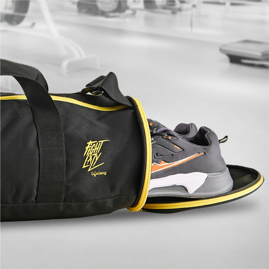 30L Water Resistant Sports Duffel Gym Bag for Men & Women with Shoe Compartment & Side pocket (Black & Yellow)