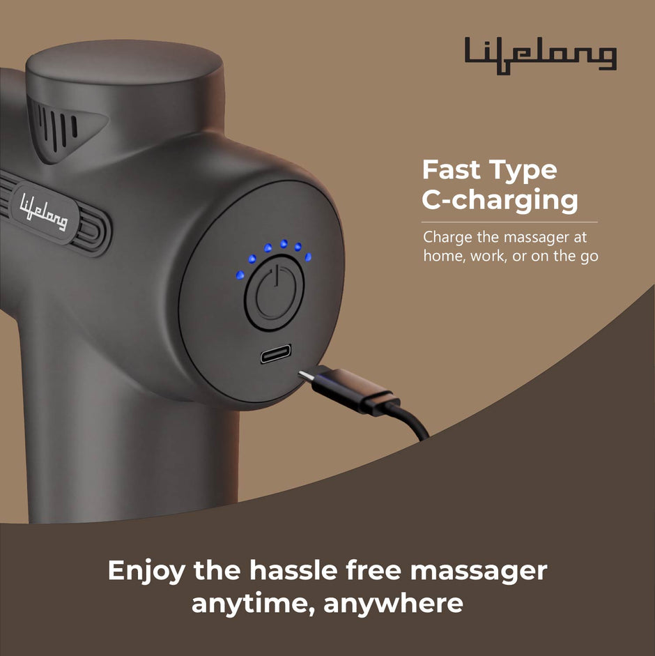 Lifelong Percussion Massage Gun for Pain Relief, Deep Tissue, 6 Speeds & 7 Massage Heads, Cordless, Quiet Operation for Neck, Shoulders, Back, Arms, Legs & Feet