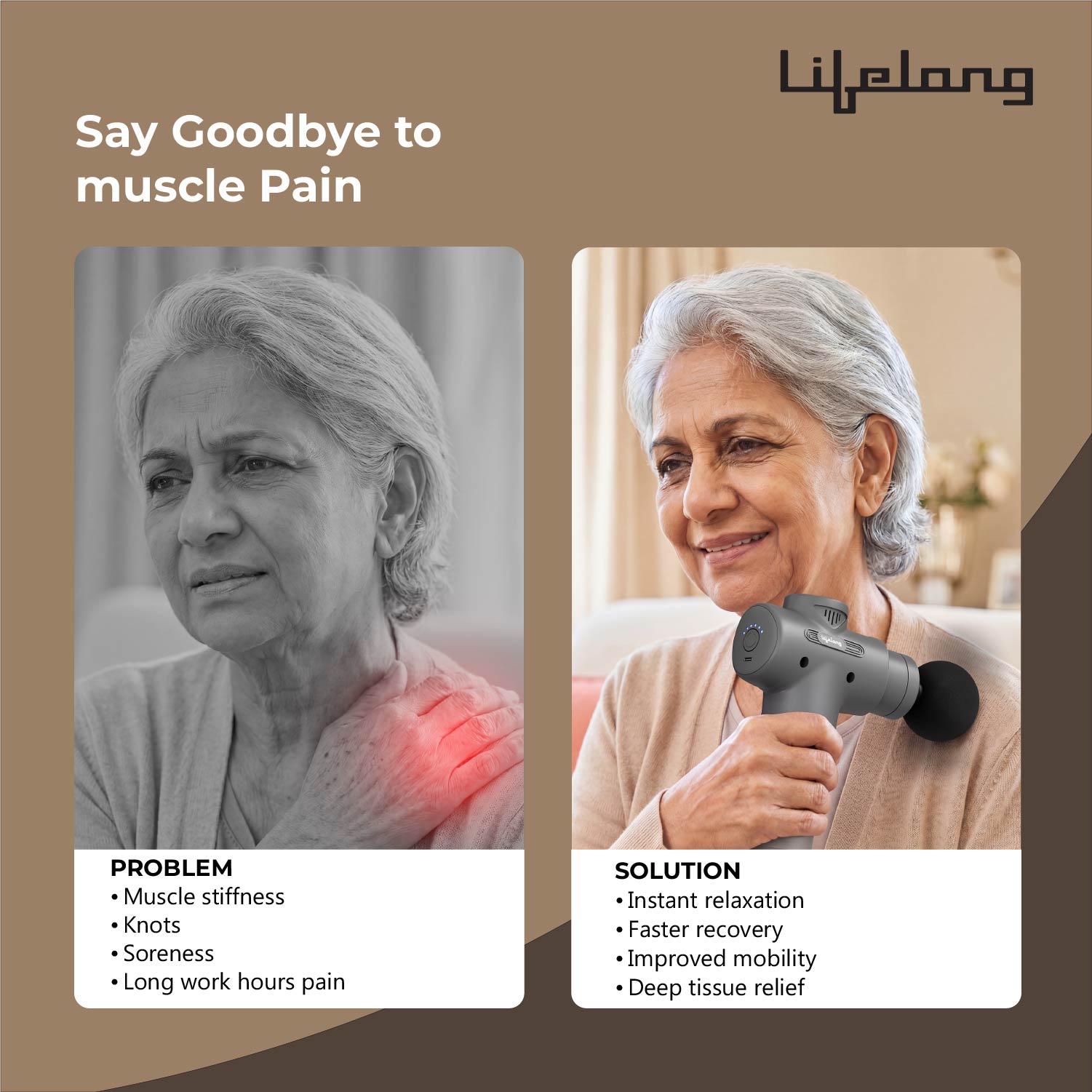 Lifelong Percussion Massage Gun for Pain Relief, Deep Tissue, 6 Speeds & 7 Massage Heads, Cordless, Quiet Operation for Neck, Shoulders, Back, Arms, Legs & Feet