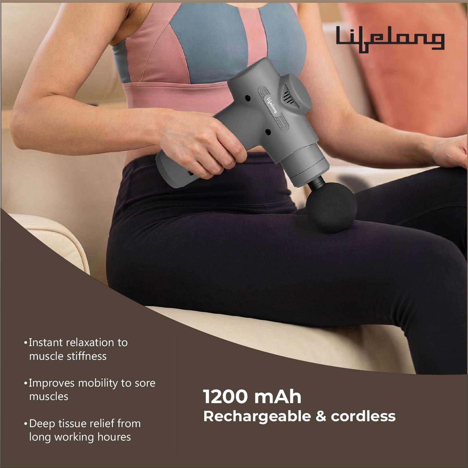 Lifelong Percussion Massage Gun for Pain Relief, Deep Tissue, 6 Speeds & 7 Massage Heads, Cordless, Quiet Operation for Neck, Shoulders, Back, Arms, Legs & Feet
