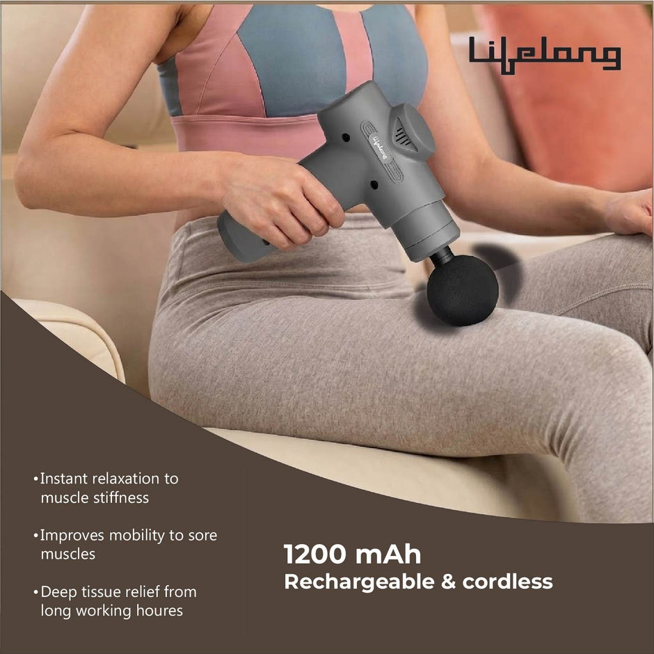 Lifelong Percussion Massage Gun for Pain Relief, Deep Tissue, 6 Speeds & 7 Massage Heads, Cordless, Quiet Operation for Neck, Shoulders, Back, Arms, Legs & Feet