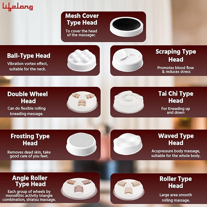 Lifelong LLM180 Electric Handheld Massager - 9 Heads, Heat, Speed Control