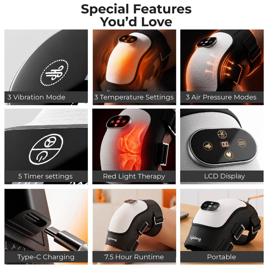 Lifelong Knee Massager for Joint Pain Relief | 3Heat Levels, 3Vibrations, Red Light Therapy, 3Air Pressure Modes, 7.5Hr Runtime |TypeC Rechargeable & Portable Arthritis Massage Physiotherapy Machine