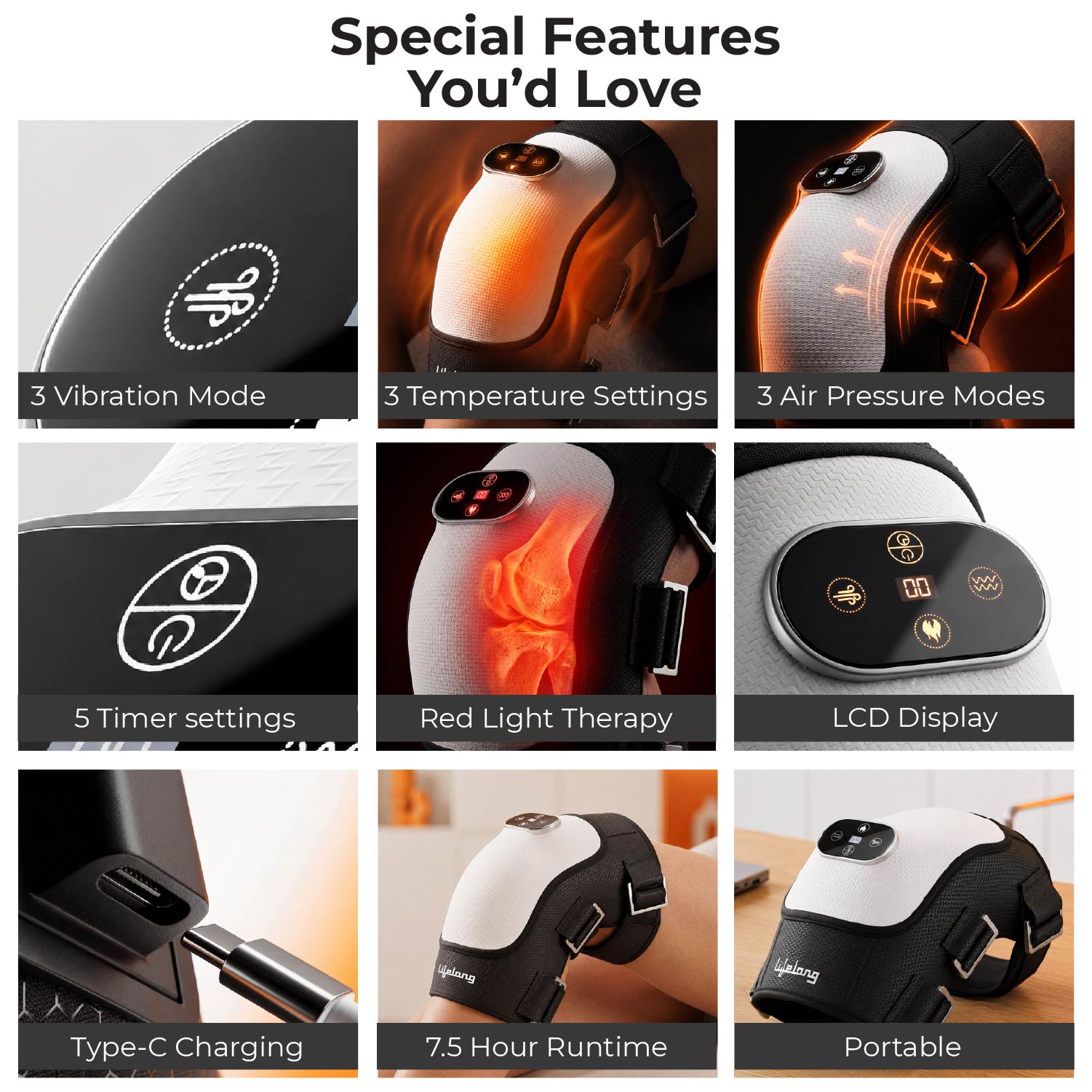 Lifelong Knee Massager for Joint Pain Relief | 3Heat Levels, 3Vibrations, Red Light Therapy, 3Air Pressure Modes, 7.5Hr Runtime |TypeC Rechargeable & Portable Arthritis Massage Physiotherapy Machine