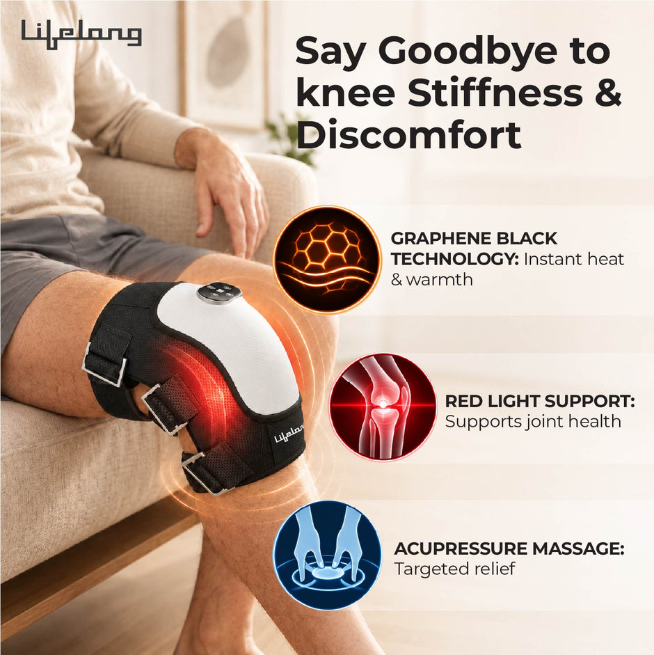 Lifelong Knee Massager for Joint Pain Relief | 3Heat Levels, 3Vibrations, Red Light Therapy, 3Air Pressure Modes, 7.5Hr Runtime |TypeC Rechargeable & Portable Arthritis Massage Physiotherapy Machine