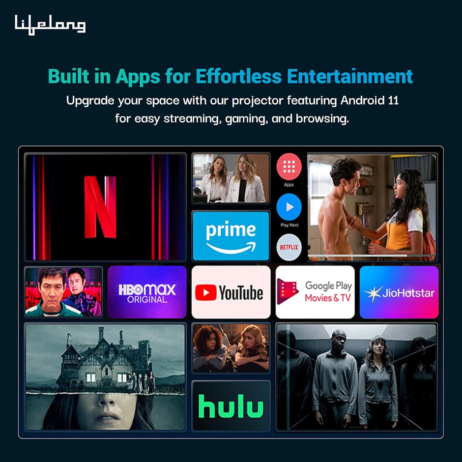 TruePixel Pro Projector, Android 12 with Built-in Smart Apps, Native 1080P Full HD 4K HDR, 9000 Lumens, 2X Brightness, 4D Keystone, 5W Speakers, 200 Inch Display, Dual Wi-Fi/Bluetooth