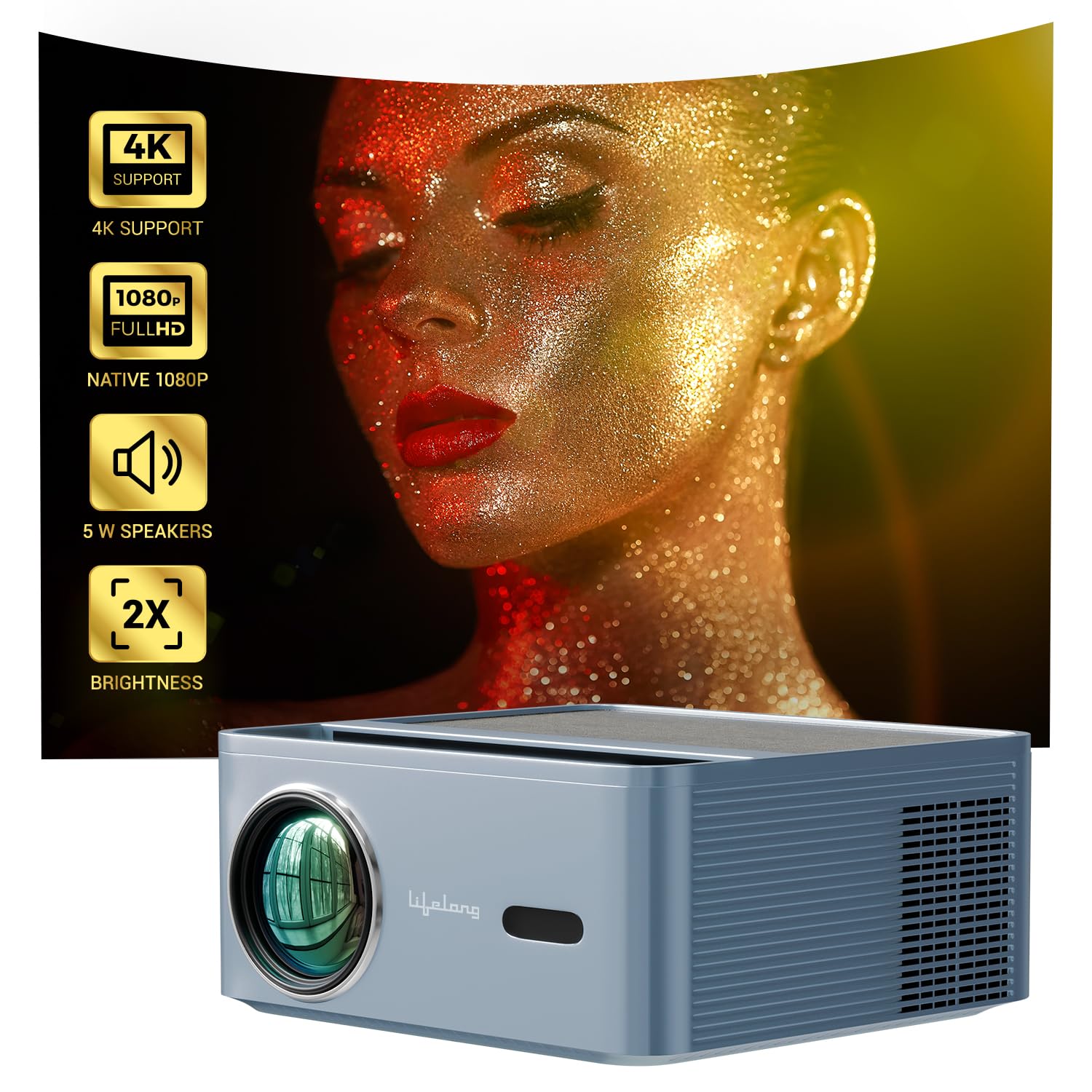 PixelBeam Smart Projector, Android 9 with Built-in Smart Apps, Native 1080p 4K Support, 7500 Lumens, 2X Brightness, 200 Inch Display, 5W Speaker, Wi-Fi/Bluetooth