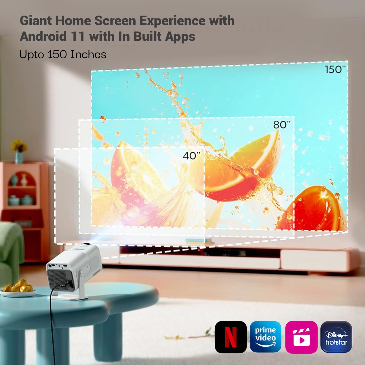 LightBeam Pro Smart Projector, Android 11 with Built-in Smart Apps, Native 1080p 4K Support, 4500 Lumens, 2X Brightness, 3W Speaker, 150 Inch Display, Wi-Fi/Bluetooth