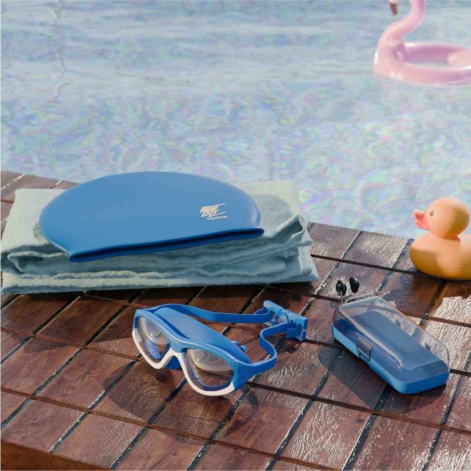 Anti Fog Swimming Goggles,Cap,Earplug & Noseplug, Microfibre Set(Blue)