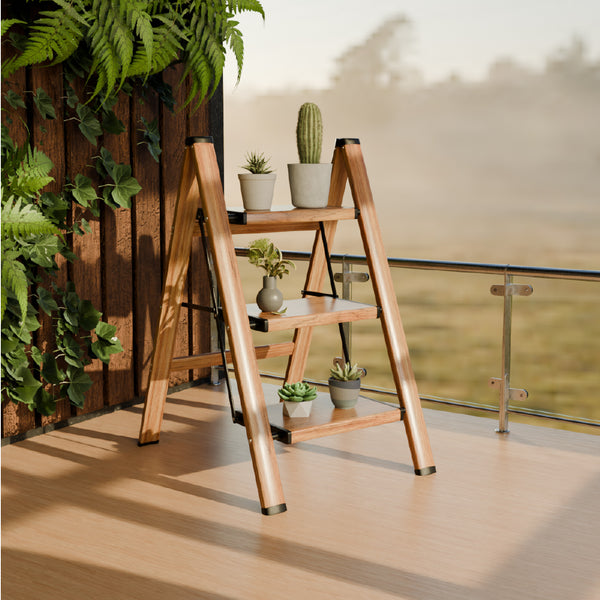 3-Step Foldable Ladder with Wooden Finish