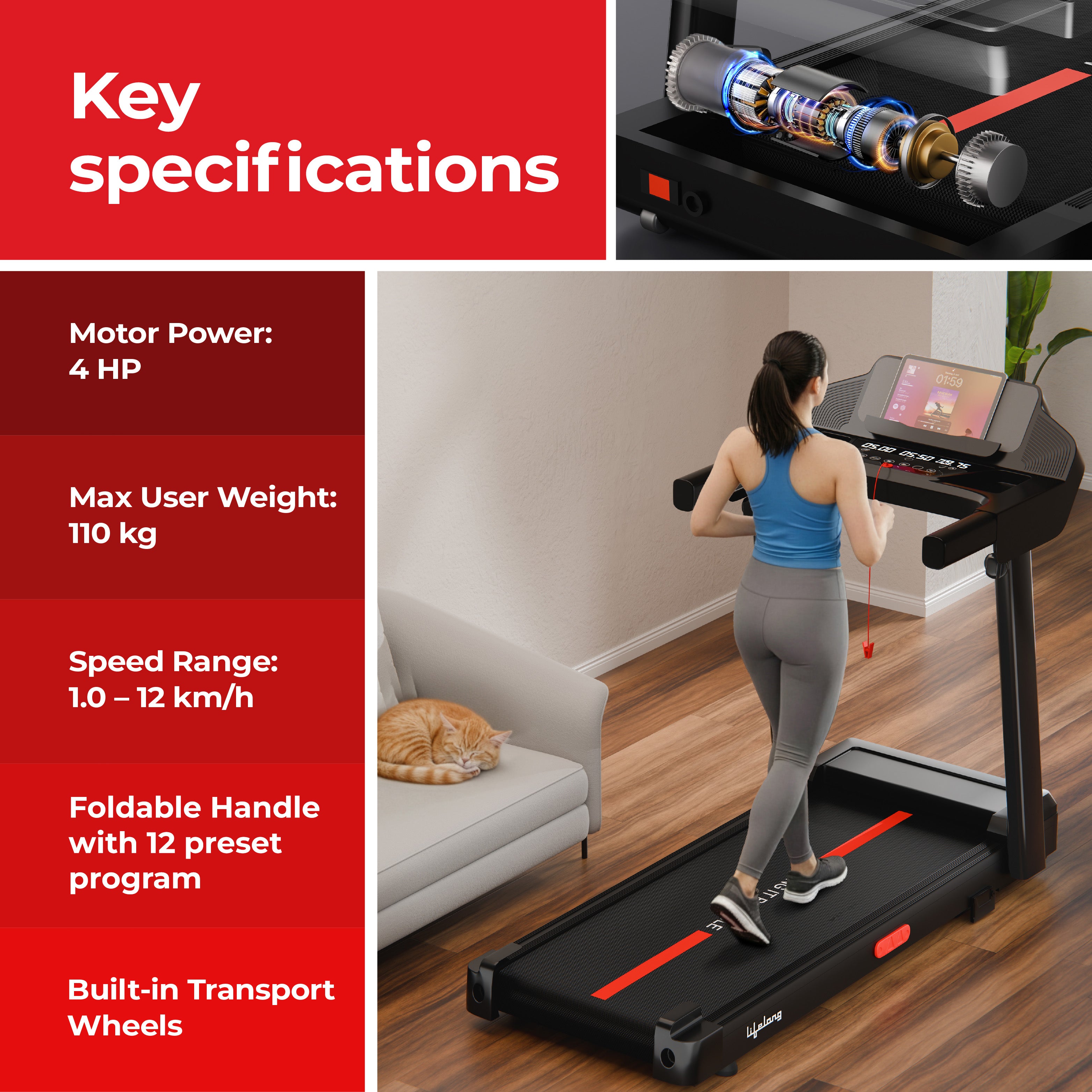 Lifelong 4.5HP Motorized Treadmill for Home | Manual Incline 12% | Foldable Handle | Max Speed 12 km/h | | LED Display | 12 Workout Programs |110 kg Capacity| Ideal Gym Equipment for Home Workout