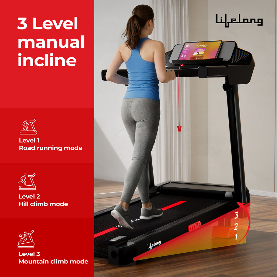 Lifelong 4.5HP Motorized Treadmill for Home | Manual Incline 12% | Foldable Handle | Max Speed 12 km/h | | LED Display | 12 Workout Programs |110 kg Capacity| Ideal Gym Equipment for Home Workout