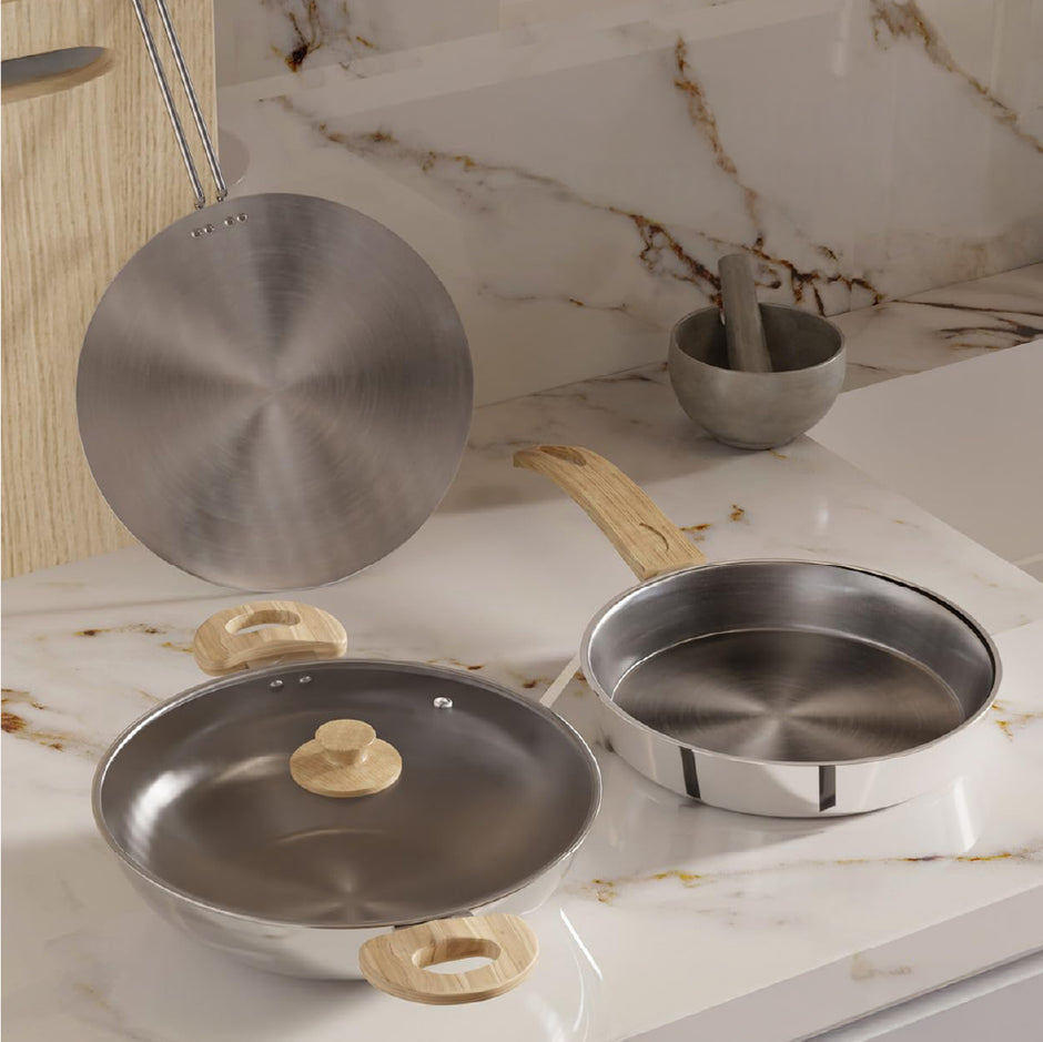 riPly Combo Kadhai, Fry Pan with Lid and Roti Tawa for Cooking, Cookware Set Kadai - 22 cm, Fry Pan - 22 cm & Tawa, Induction Bottom and Gas Stove Cookware